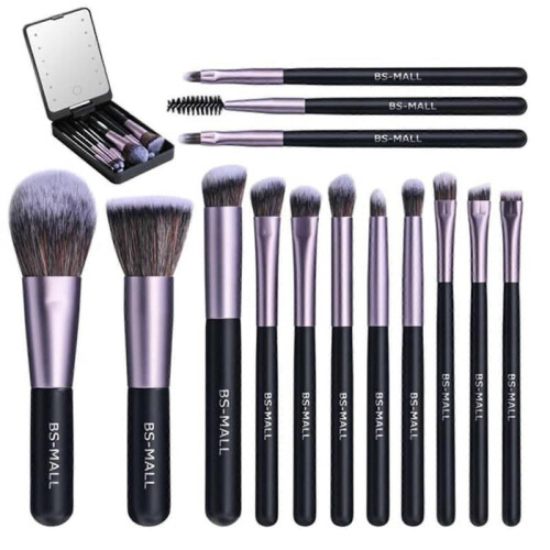 (Black) Travel Makeup Brush Set With LED Light Mirror