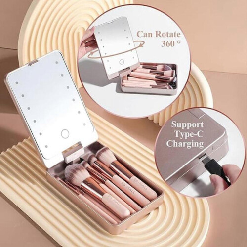 (Black) Travel Makeup Brush Set With LED Light Mirror 1