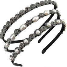 Set Of 3 Pearls And Rhinestones Thin Headbands, Metal Hair Hoop, Baroque Headpiece