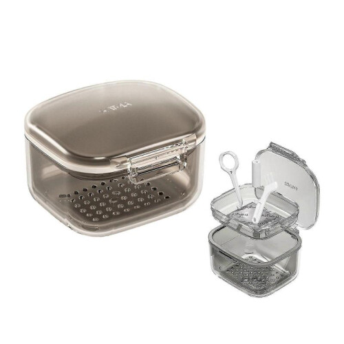 (black) Dental Braces Storage Box Teeth Cleaning Case with Unique Drainage Layer and Accessories - Black Multi-function Portable Denture Bath Cup