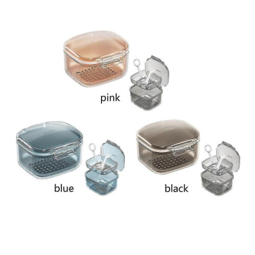 (black) Dental Braces Storage Box Teeth Cleaning Case with Unique Drainage Layer and Accessories - Black Multi-function Portable Denture Bath Cup 1