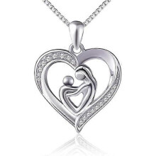 Mother's Day Gift Mom Holds Child Sterling Silver Moms Love Heart CZ Pendant Necklace for Women Mom Grandma