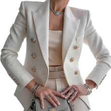 (S, White) Women's Ladies Casual Long Sleeve Lapel Double-breasted Slim Work Office Blazer Jacket