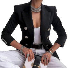 (L, black) Women's Ladies Casual Long Sleeve Lapel Double-breasted Slim Work Office Blazer Jacket