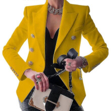 (2XL, yellow) Women's Ladies Casual Long Sleeve Lapel Double-breasted Slim Work Office Blazer Jacket
