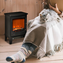 HOMCOM Freestanding Electric Fireplace Stove Heater with LED Flame Effect, Black (820-193V70BK) – 900W/1800W, Glass Front, 15-20m²