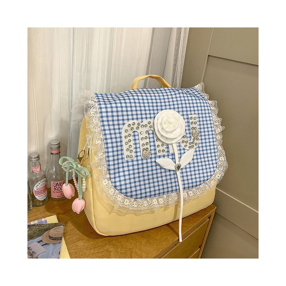 (Yellow) Grid Lace Shape Dopamine Girls Backpack Cute Design Large Bags Capacity School-image-OPC-PHMVKJG-NEW