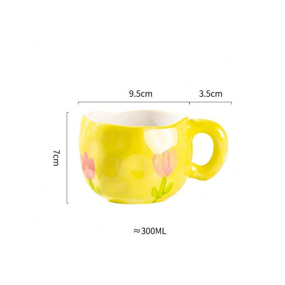 (Yellow Tulip, 301-400ml) 300ML Cute Hand Pinched Irregular Ceramic mug Flower Heart Pattern Coffee Cup Breakfast Milk tea cups Gift For Kids Girls