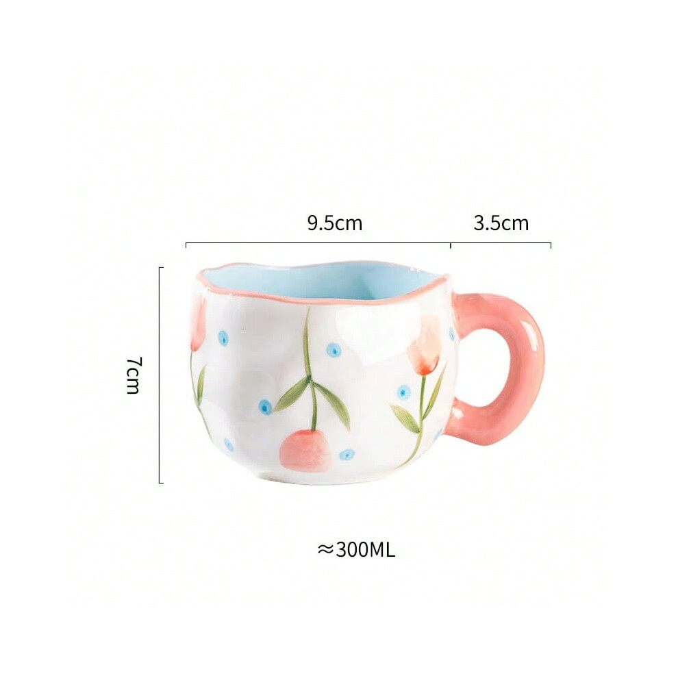(Pink Tulip, 301-400ml) 300ML Cute Hand Pinched Irregular Ceramic mug Flower Heart Pattern Coffee Cup Breakfast Milk tea cups Gift For Kids Girls