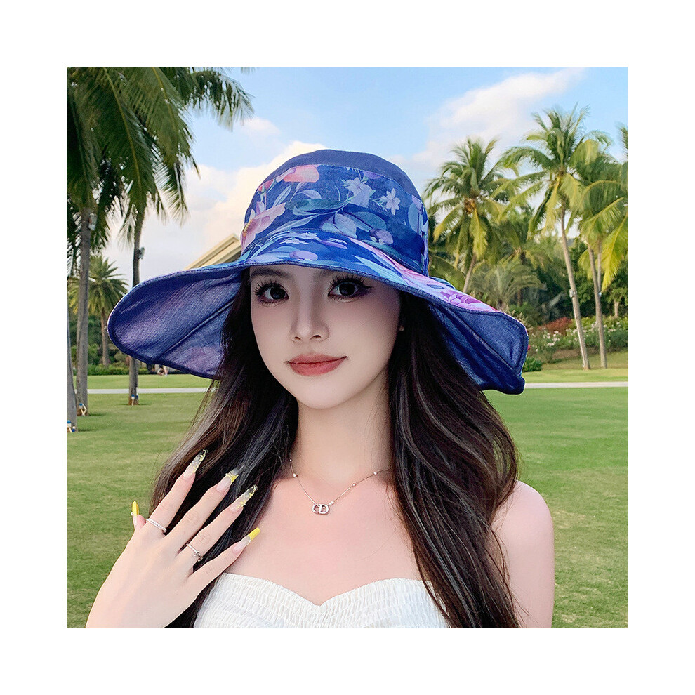 (Blue)Chapeau parasol été femme motif floral impression noeud décoration extérieur chapeau soleil
