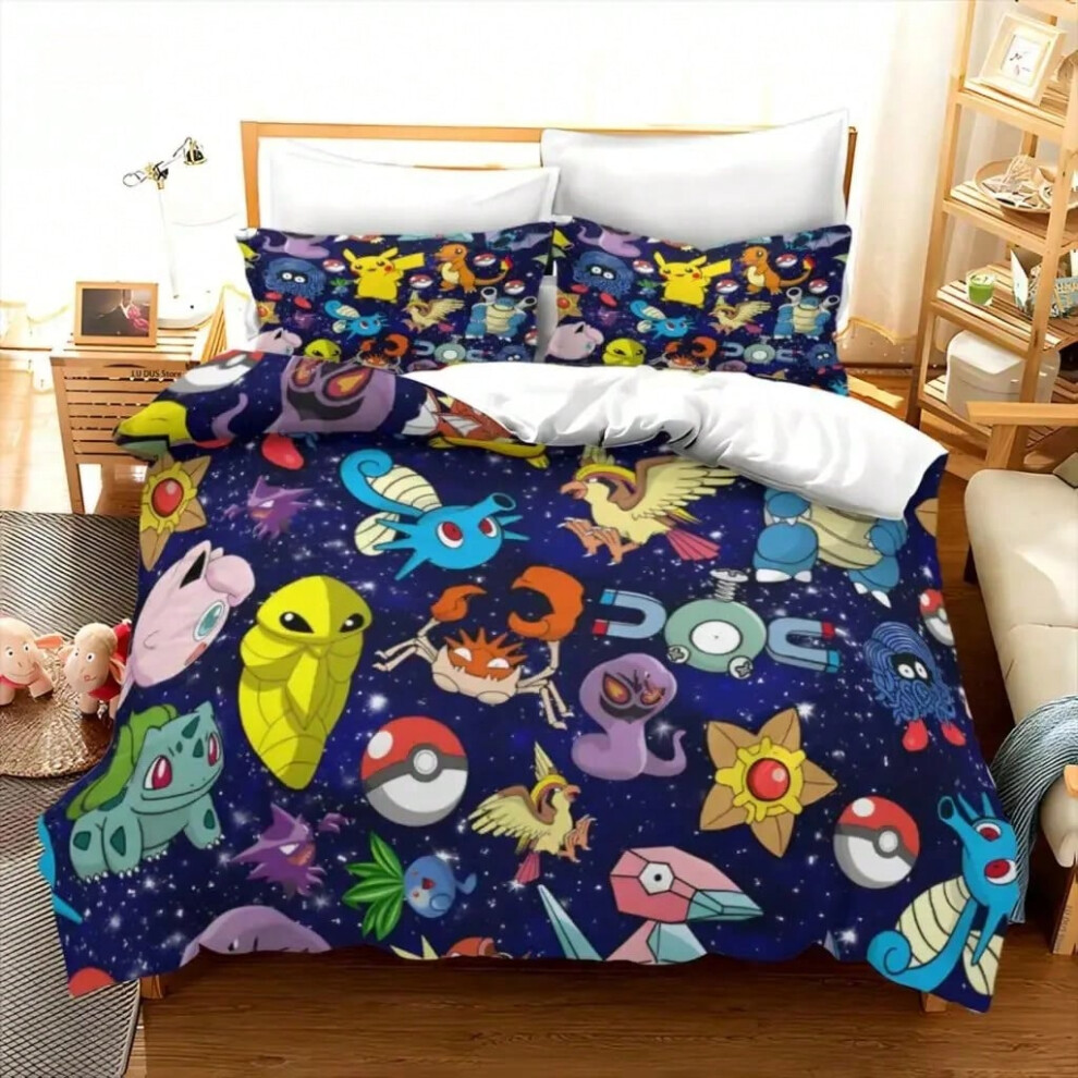 (1, 200x200cm 3pcs) Pikachu Bedding Set Hot Pokemon Duvet Cover Quilt Cover Pillowcase Double Queen King Size Kids Bedroom 3D Home Textile