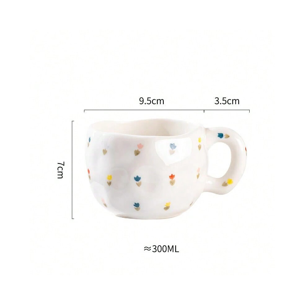 (Small floral, 301-400ml) 300ML Cute Hand Pinched Irregular Ceramic mug Flower Heart Pattern Coffee Cup Breakfast Milk tea cups Gift For Kids Girls