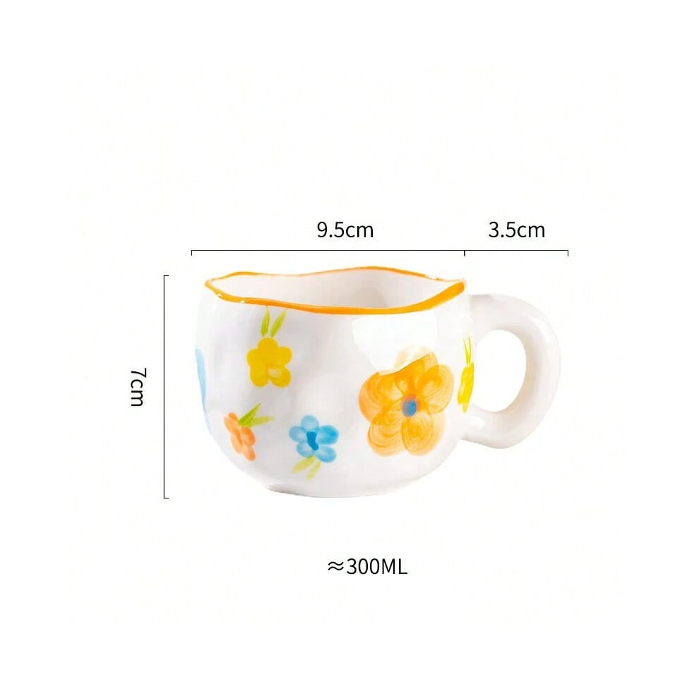 (Yellow Campanula, 301-400ml) 300ML Cute Hand Pinched Irregular Ceramic mug Flower Heart Pattern Coffee Cup Breakfast Milk tea cups Gift For Kids Girls