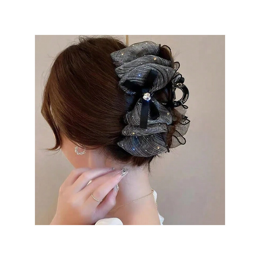 (gray heart) French Bowknot Puff Hair Claw Sweet Double-sided Mesh Big Crab Clips Fashion Filamentary Silver Chicken Feather Women Hair Clips-image-OPC-PHMWZZY-NEW