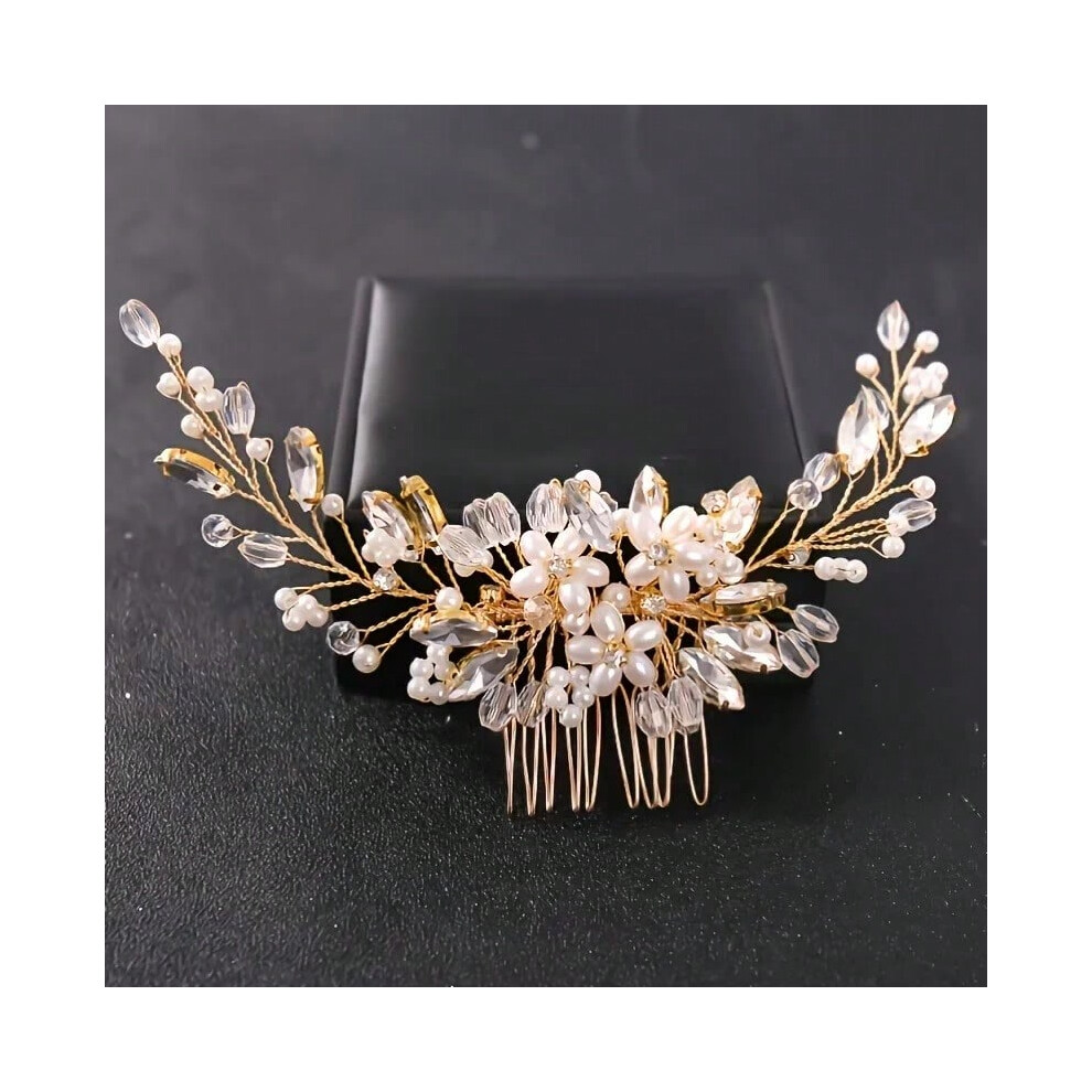 (Gold) Crystal Rhinestone Flower Pearl Hair Comb Bridal Headband Tiara Hairpin Party Wedding Bridal Hair Accessories Jewelry