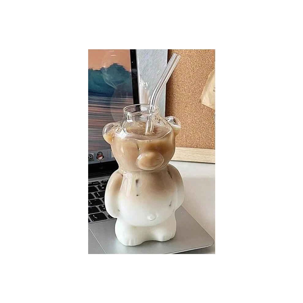 (Bear Mug with Straw, 201-300ml) Cartoon Bear Shaped Coffee Mug Cute Bear Mug Glass Cup with Straw Glasses Cup Birthday Christmas Gifts for Women Kids  Friends