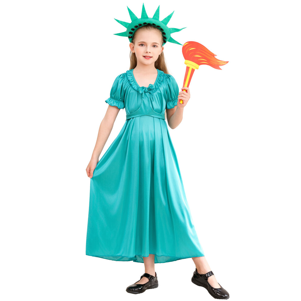 (XXXS-120cm) Girls' Statue of Liberty Costume – Kids' Patriotic Cosplay Outfit for Halloween & Stage Performances