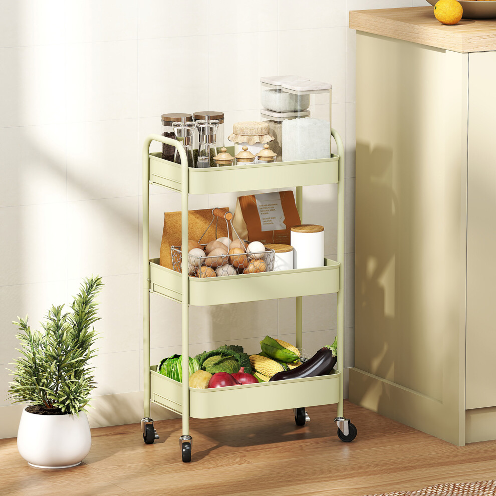 (Green) HOMCOM 3 Tier Rolling Utility Cart with 3 Mesh Basket