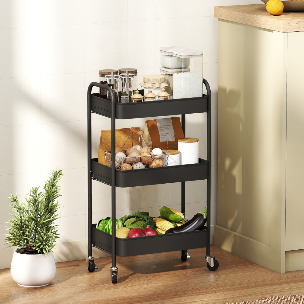 (Black) HOMCOM 3 Tier Rolling Utility Cart with 3 Mesh Basket