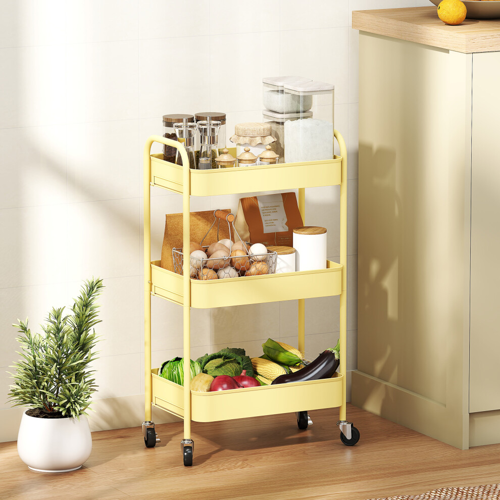 (Yellow) HOMCOM 3 Tier Rolling Utility Cart with 3 Mesh Basket