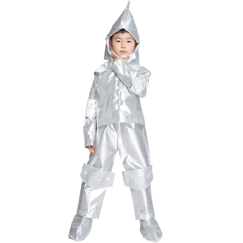 (L(125-135cm)) Kids' Tin Robot Costume – Boys' Metallic Cosplay Outfit for Halloween & Stage Performances
