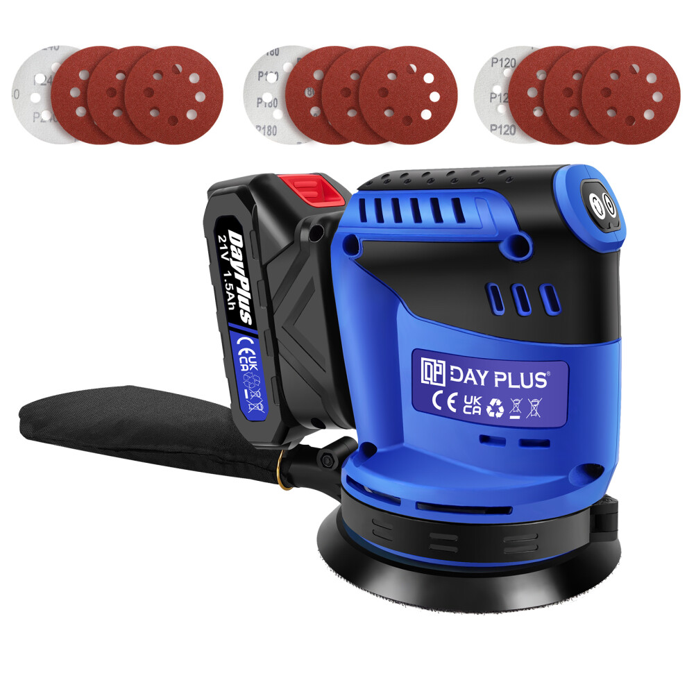 190W Cordless Random Orbit Sander - 21V 1.5Ah Battery, 12Pcs Sandpapers, 3-Speed, Dust Extraction, 125Mm For Woodworking 782429081289