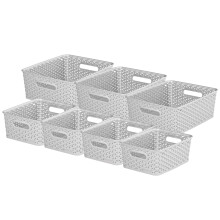 Curver My Style Rectangular Storage Basket Bundle, 4 x Small 3 x Medium, Grey