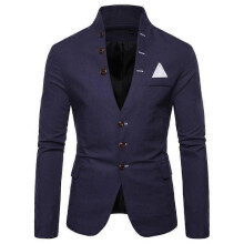 (M, navy blue) Professional Multi-button Decoration Men's Casual Stand-up Collar Suit European Size Men's Suit