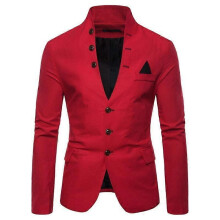 (XL, red) Professional Multi-button Decoration Men's Casual Stand-up Collar Suit European Size Men's Suit