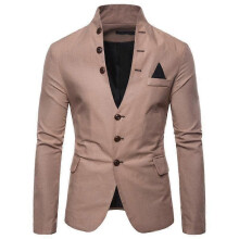 (2XL, khaki) Professional Multi-button Decoration Men's Casual Stand-up Collar Suit European Size Men's Suit
