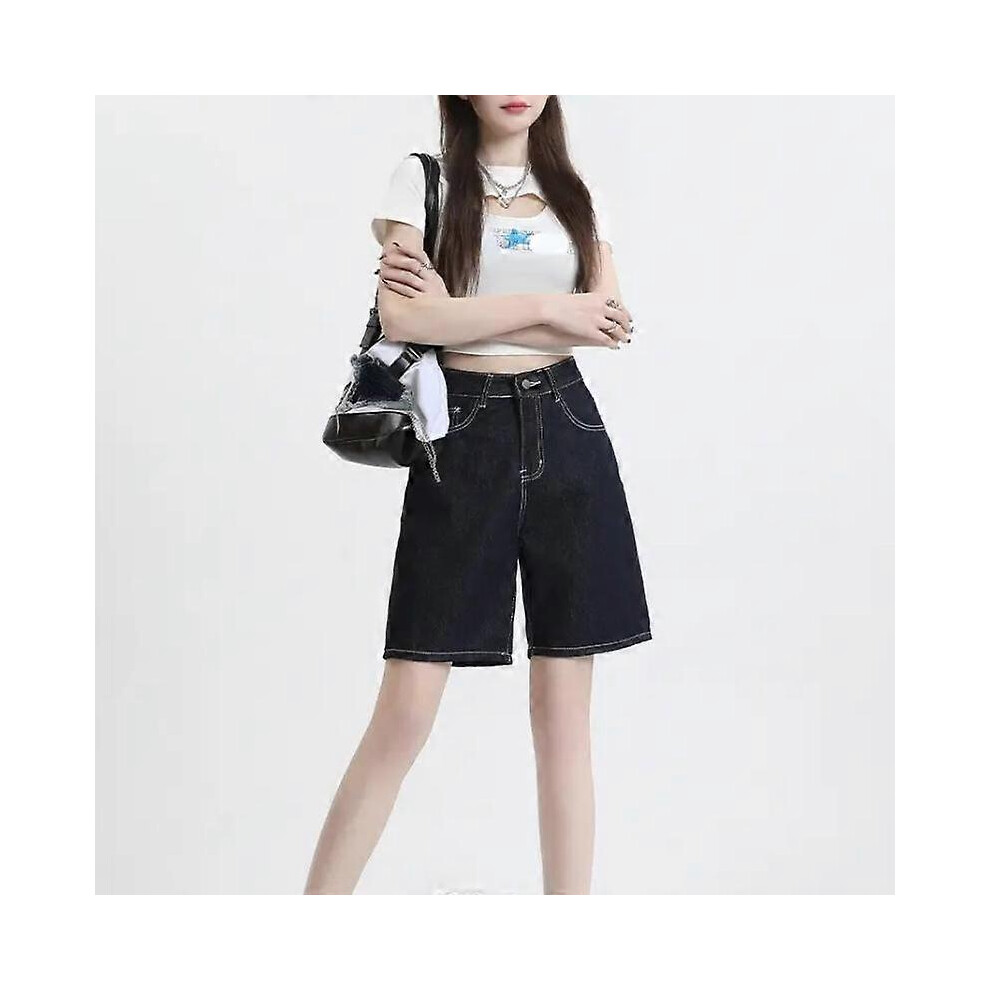 (4XL,black)Fashion High Waist Retro Straight Demin Shorts Women Summer Thin Elegant Plus Size Denim Pants Loose Slimming Wide Leg Five Points Shorts