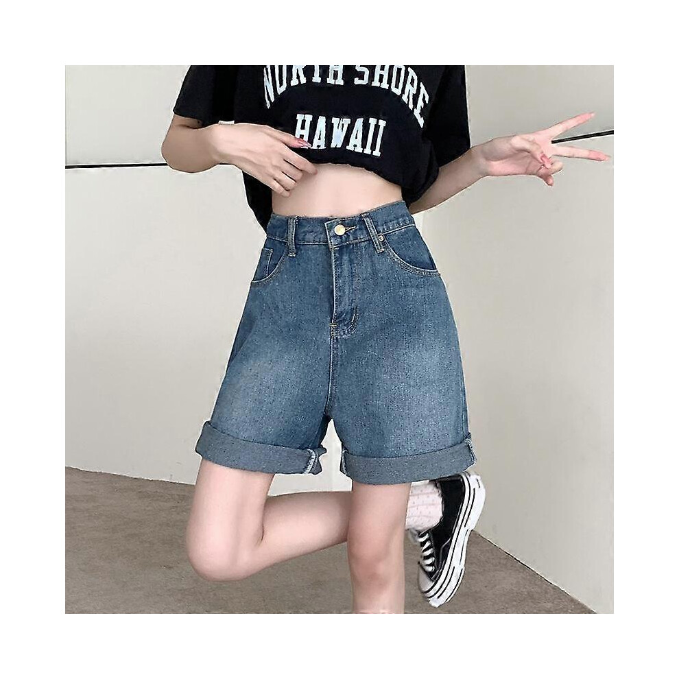 (S,blue)Fashion High Waist Retro Straight Demin Shorts Women Summer Thin Elegant Plus Size Denim Pants Loose Slimming Wide Leg Five Points Shorts