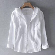 (XXXL, white) Summer Hooded Long Sleeve Linen Shirt Men's Thin Loose Fashion Cotton Linen Shirt Clothing Shirts for Men