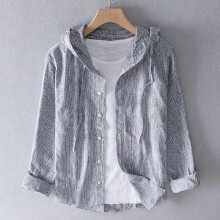 (S, gray) Summer Hooded Long Sleeve Linen Shirt Men's Thin Loose Fashion Cotton Linen Shirt Clothing Shirts for Men