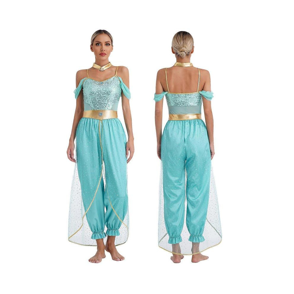 (M,turquoise)Women's Arabian Princess Costume Bollywood Fancy Dress Gems Adorned Jumpsuit Belly Dance Outfits