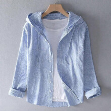 (XXXXL, sky blue) Summer Hooded Long Sleeve Linen Shirt Men's Thin Loose Fashion Cotton Linen Shirt Clothing Shirts for Men