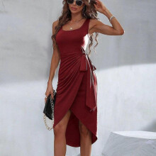 (XL, burgundy) Fashion Square Collar Summer Irregular Dress Women Strap Pleated Lace-up Casual Tank Dress Black Party Split Sexy Clothing 25090