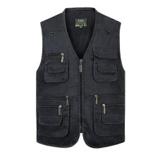 (4XL, dark grey) Men's Vest Casual Jacket Spring and Autumn Loose Style Cotton Multi-pocket Zipper Windproof Coat Collarless Sleeveless Jacket for Man