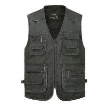 (3XL, green) Men's Vest Casual Jacket Spring and Autumn Loose Style Cotton Multi-pocket Zipper Windproof Coat Collarless Sleeveless Jacket for Man