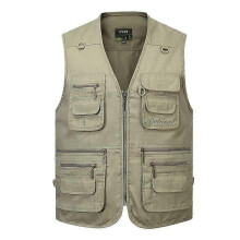 (L, khaki) Men's Vest Casual Jacket Spring and Autumn Loose Style Cotton Multi-pocket Zipper Windproof Coat Collarless Sleeveless Jacket for Man