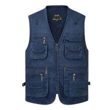 (6XL, dark blue) Men's Vest Casual Jacket Spring and Autumn Loose Style Cotton Multi-pocket Zipper Windproof Coat Collarless Sleeveless Jacket for Man