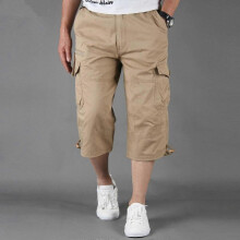 (XXXL, khaki) Summer Men's Casual Cotton Cargo Shorts Overalls Long Length Multi Pocket Hot Breeches Capri Pants Male Tactical Short M-5XL