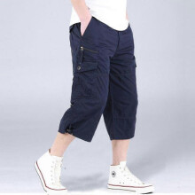 (M, navy blue) Summer Men's Casual Cotton Cargo Shorts Overalls Long Length Multi Pocket Hot Breeches Capri Pants Male Tactical Short M-5XL