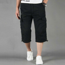 (L, black) Summer Men's Casual Cotton Cargo Shorts Overalls Long Length Multi Pocket Hot Breeches Capri Pants Male Tactical Short M-5XL