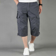 (XXXL, grey) Summer Men's Casual Cotton Cargo Shorts Overalls Long Length Multi Pocket Hot Breeches Capri Pants Male Tactical Short M-5XL