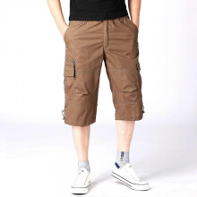 (XL, coffee) Summer Men's Casual Cotton Cargo Shorts Overalls Long Length Multi Pocket Hot Breeches Capri Pants Male Tactical Short M-5XL