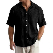 (L, black) Summer Men Shirt Button-down Turn-down Collar Cardigan Short Sleeves Cardigan Loose Mid Length Casual Daily Wear Office Business Top