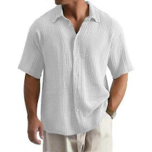 (M, white) Summer Men Shirt Button-down Turn-down Collar Cardigan Short Sleeves Cardigan Loose Mid Length Casual Daily Wear Office Business Top