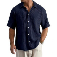 (XXXL, navy blue) Summer Men Shirt Button-down Turn-down Collar Cardigan Short Sleeves Cardigan Loose Mid Length Casual Daily Wear Office Business Top
