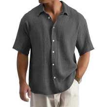 (L, grey) Summer Men Shirt Button-down Turn-down Collar Cardigan Short Sleeves Cardigan Loose Mid Length Casual Daily Wear Office Business Top